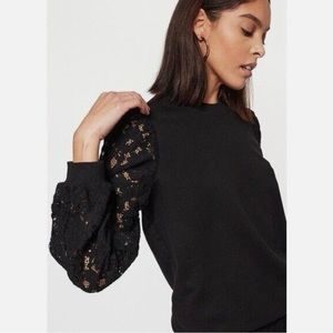 Cami NYC Risa Sweatshirt Black Velvet Lace Sleeves Size XS Puff Shoulder…